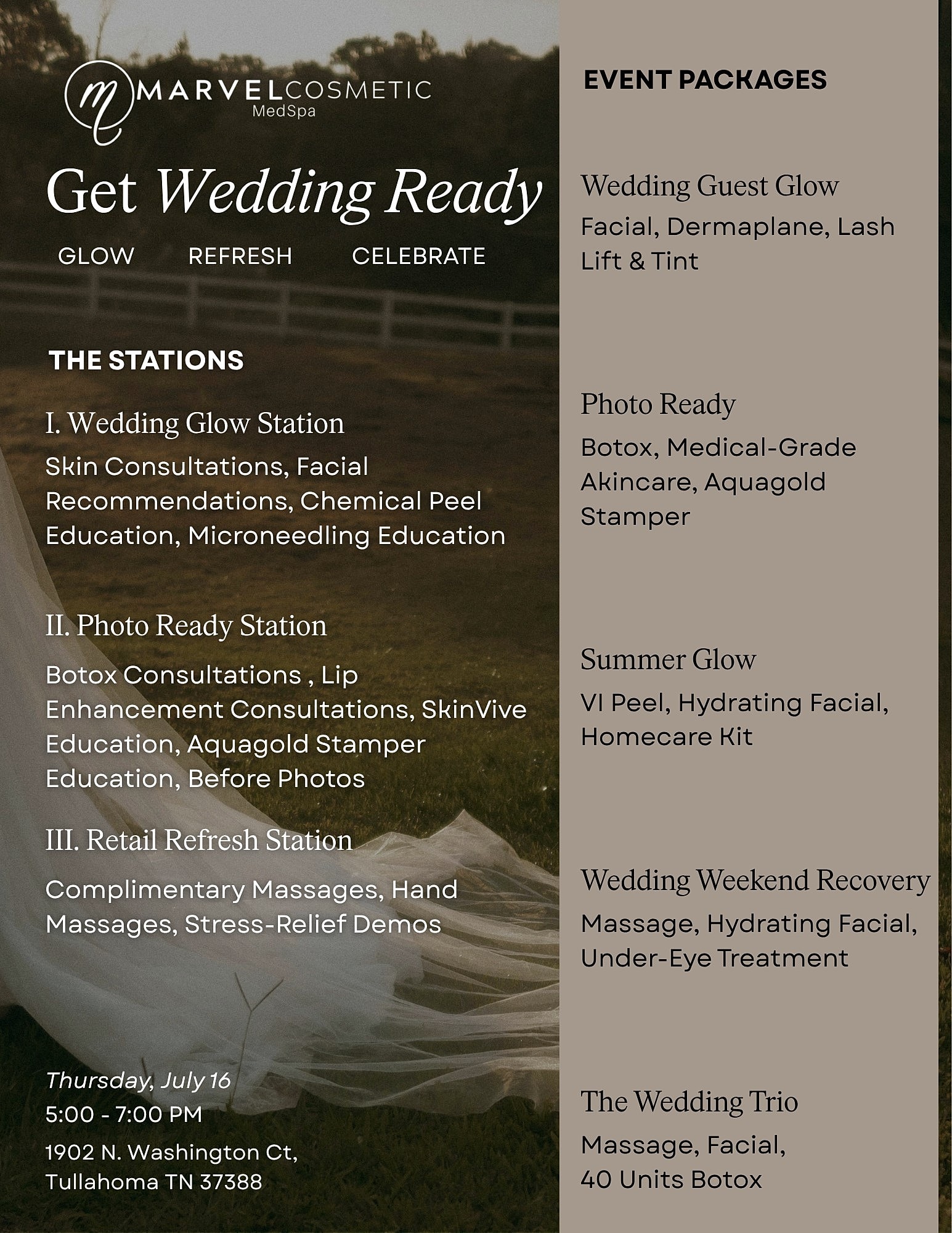 Wedding preparation event details and packages.