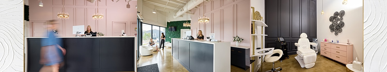 Modern reception area with stylish decor and seating.