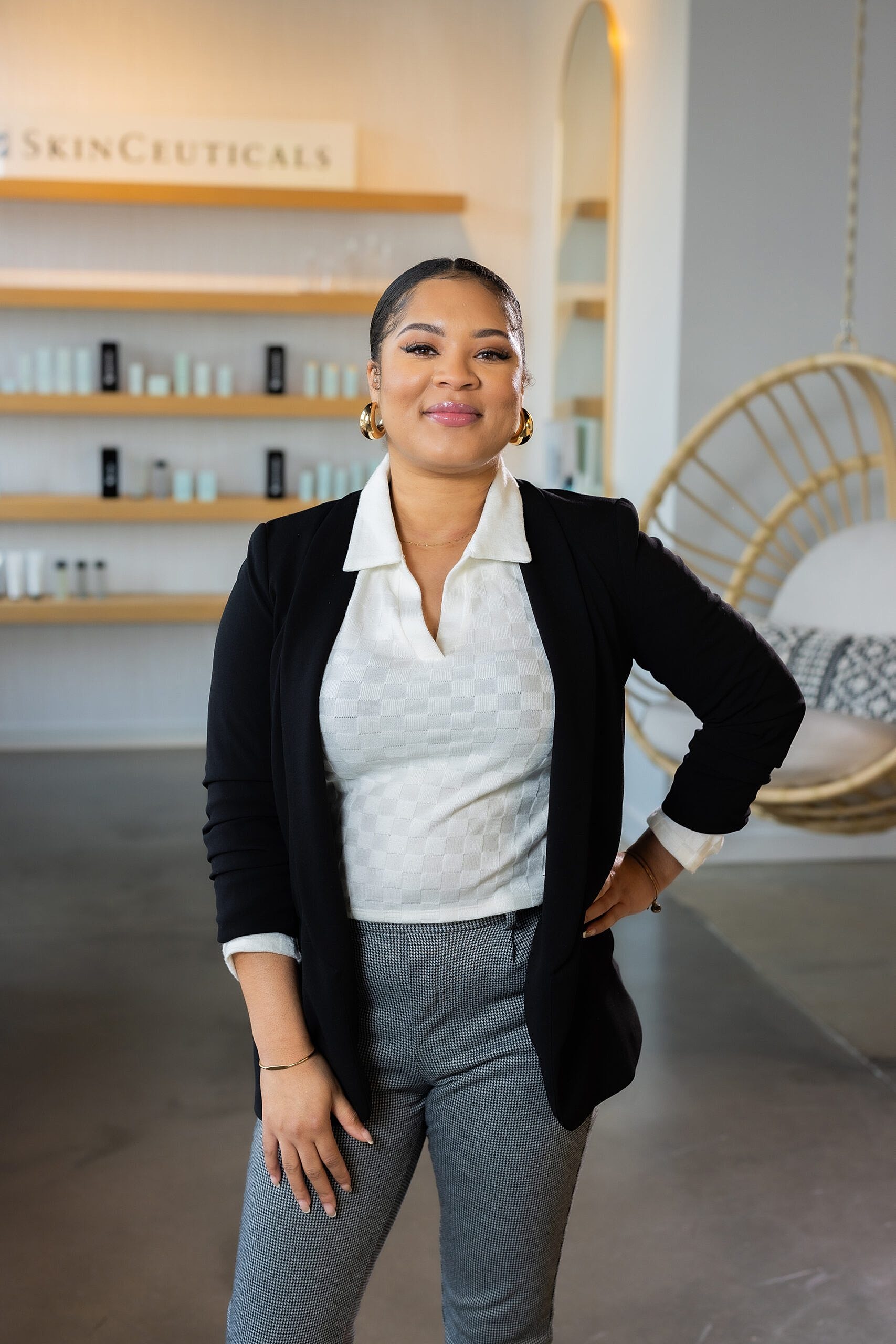 Professional woman in a skincare store setting.