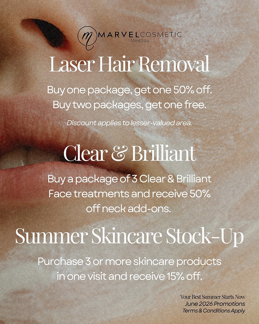 Promotion for laser hair removal and skincare treatments.